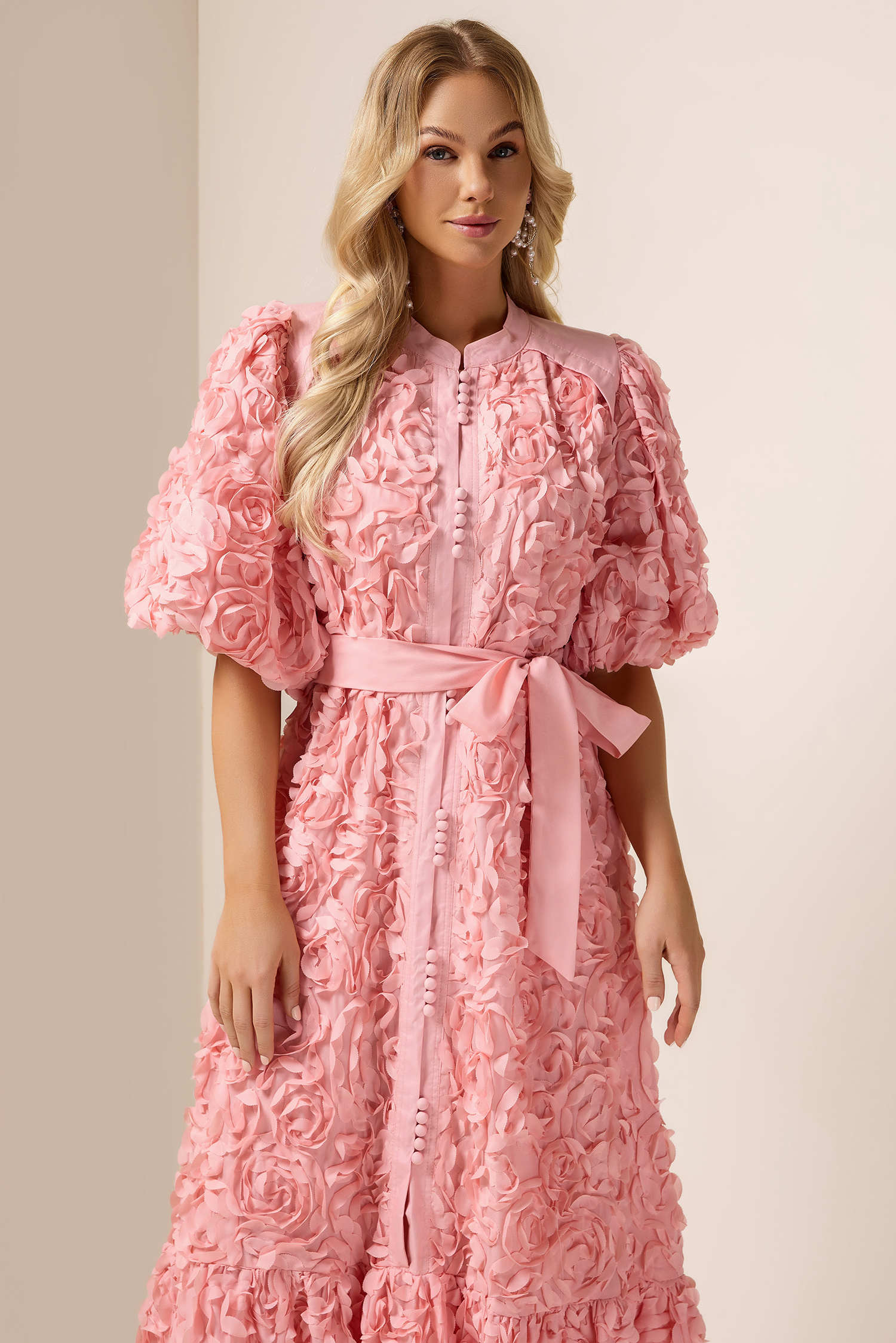 3D Flower Lace-Up Puff Sleeve Midi Dress