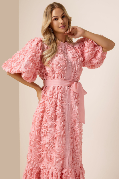 3D Flower Lace-Up Puff Sleeve Midi Dress