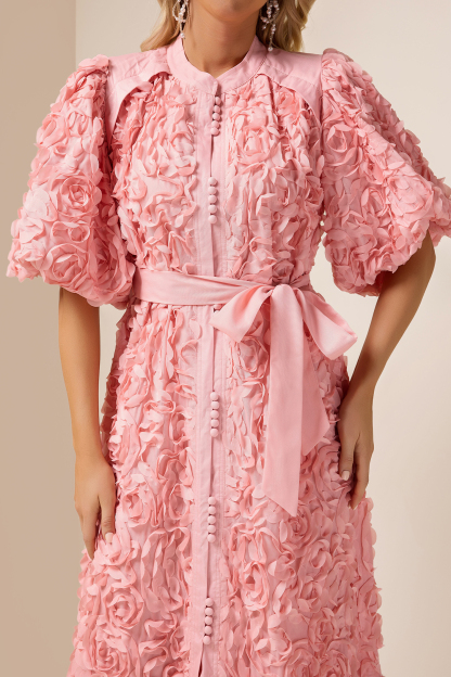 3D Flower Lace-Up Puff Sleeve Midi Dress