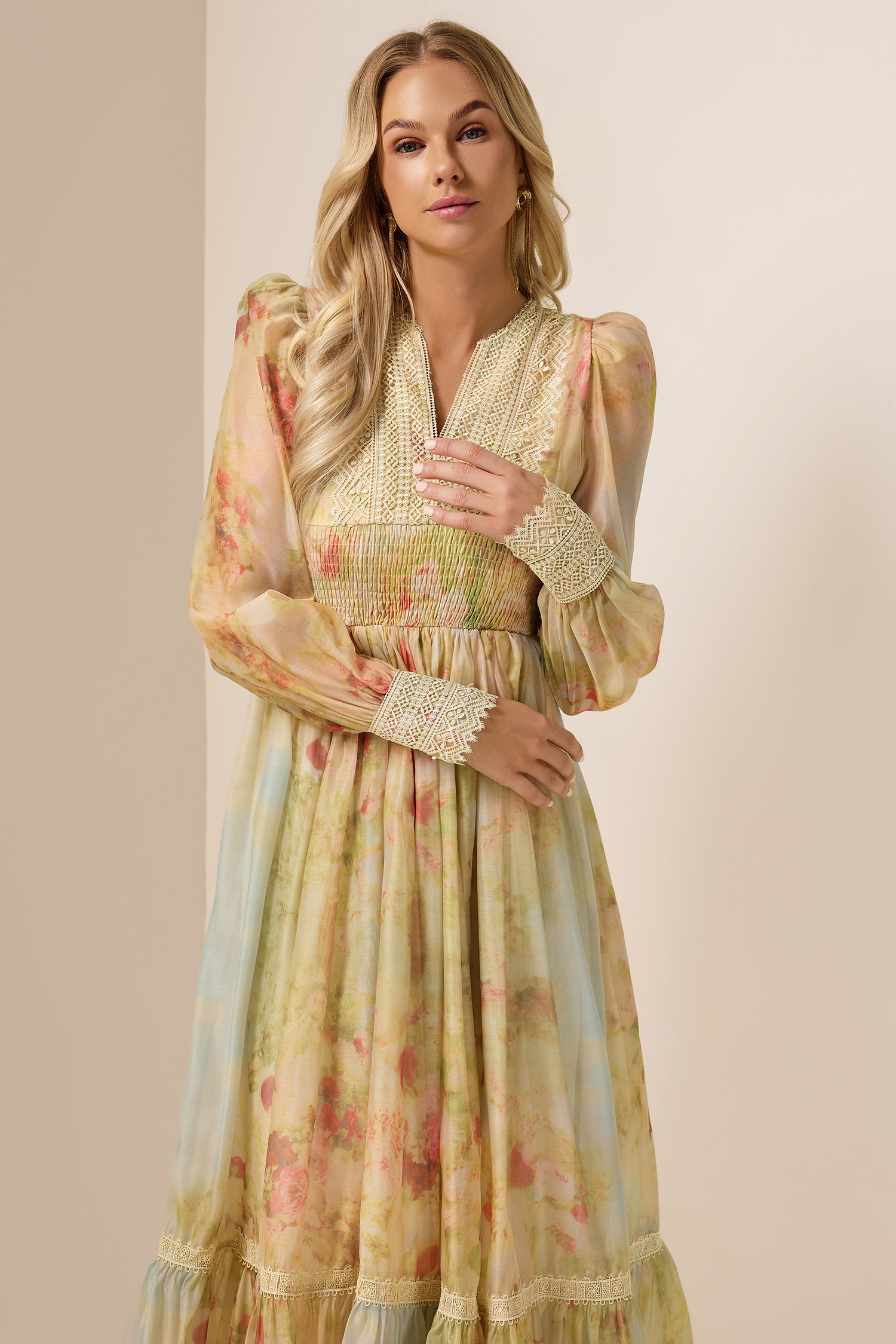 Floral Lace Smocking Ruffle Midi Dress