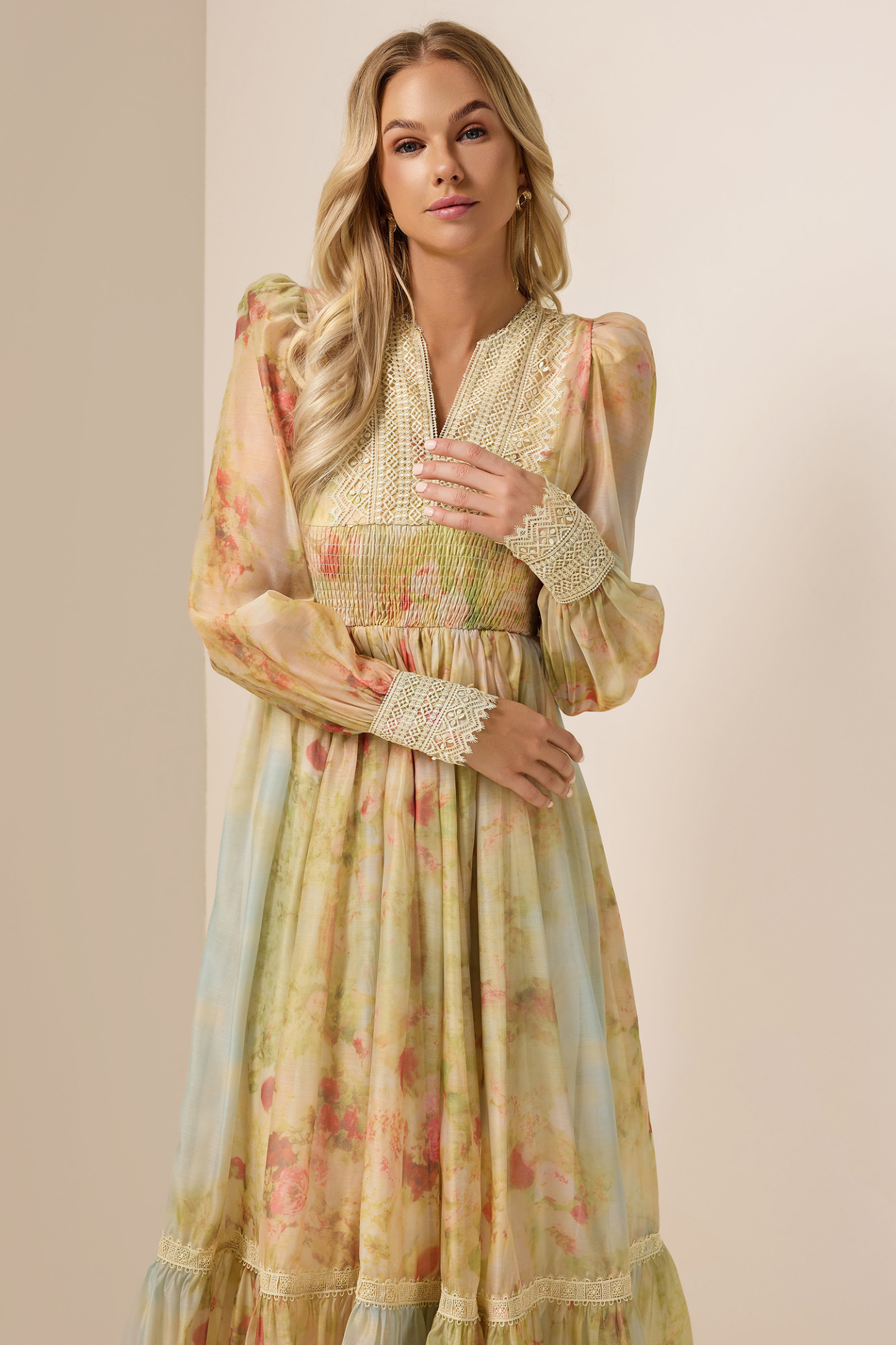 Floral Lace Smocking Ruffle Midi Dress