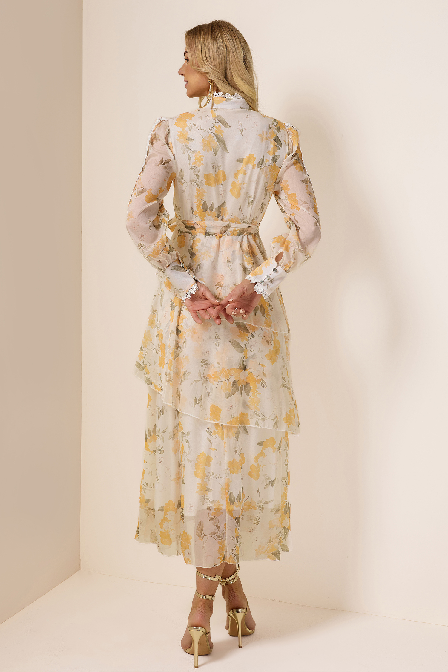 Lace Splicing Chiffon Lace-Up Ruffle Midi Dress