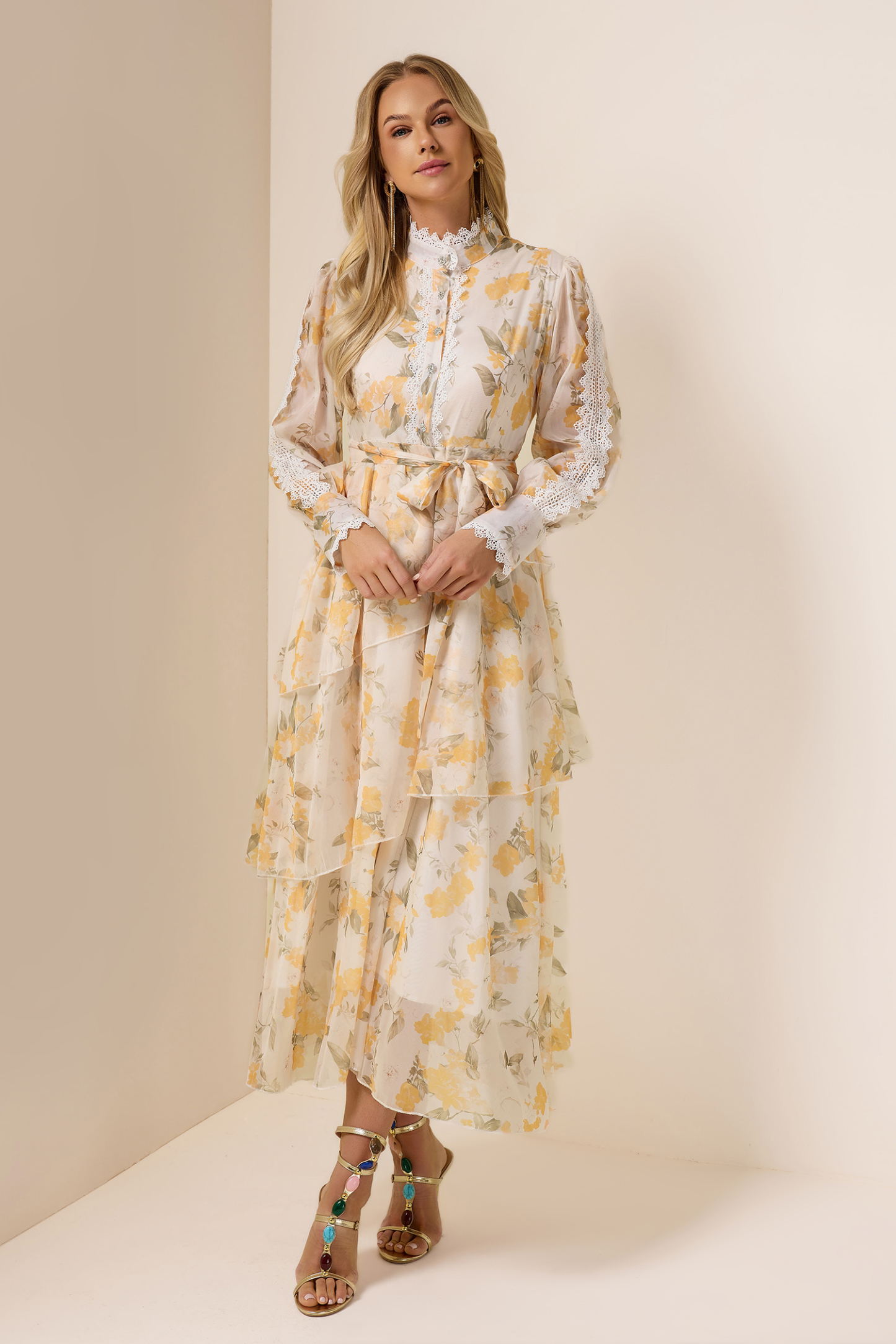 Lace Splicing Chiffon Lace-Up Ruffle Midi Dress