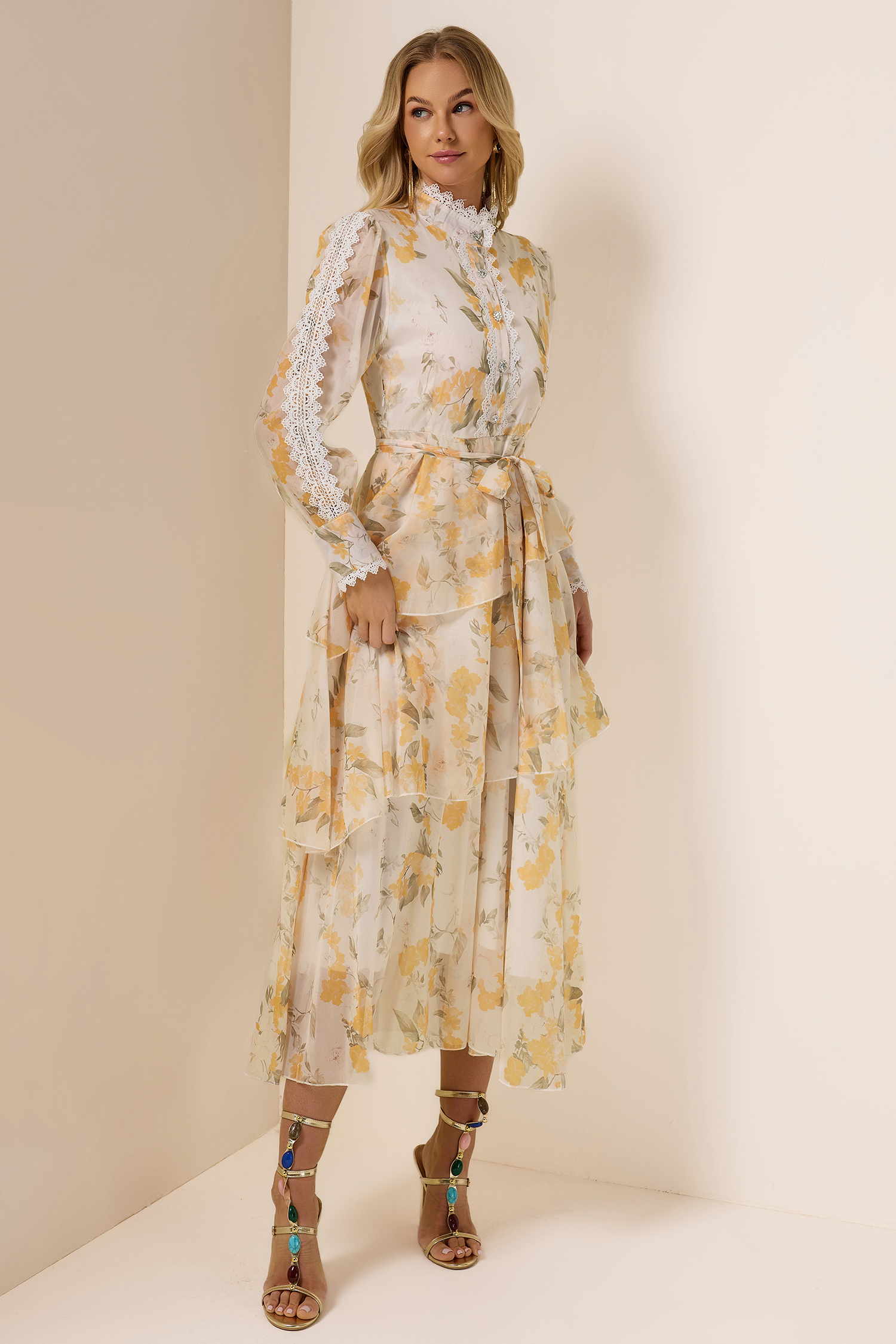 Lace Splicing Chiffon Lace-Up Ruffle Midi Dress