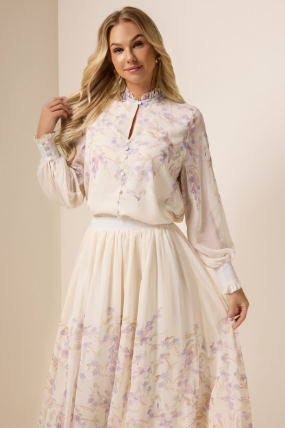 Chiffon Floral Frill  Top & Mid Waist Skirt Set