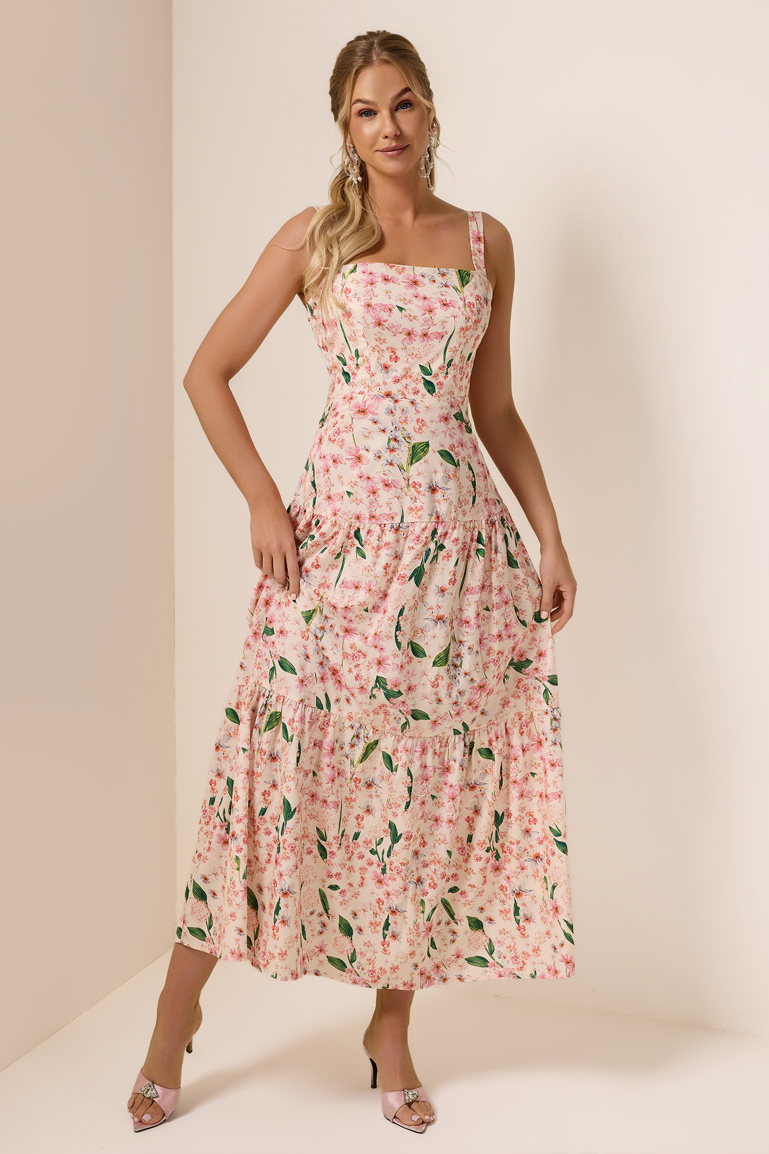 Floral  Square Collar Sleeveless Maxi Dress