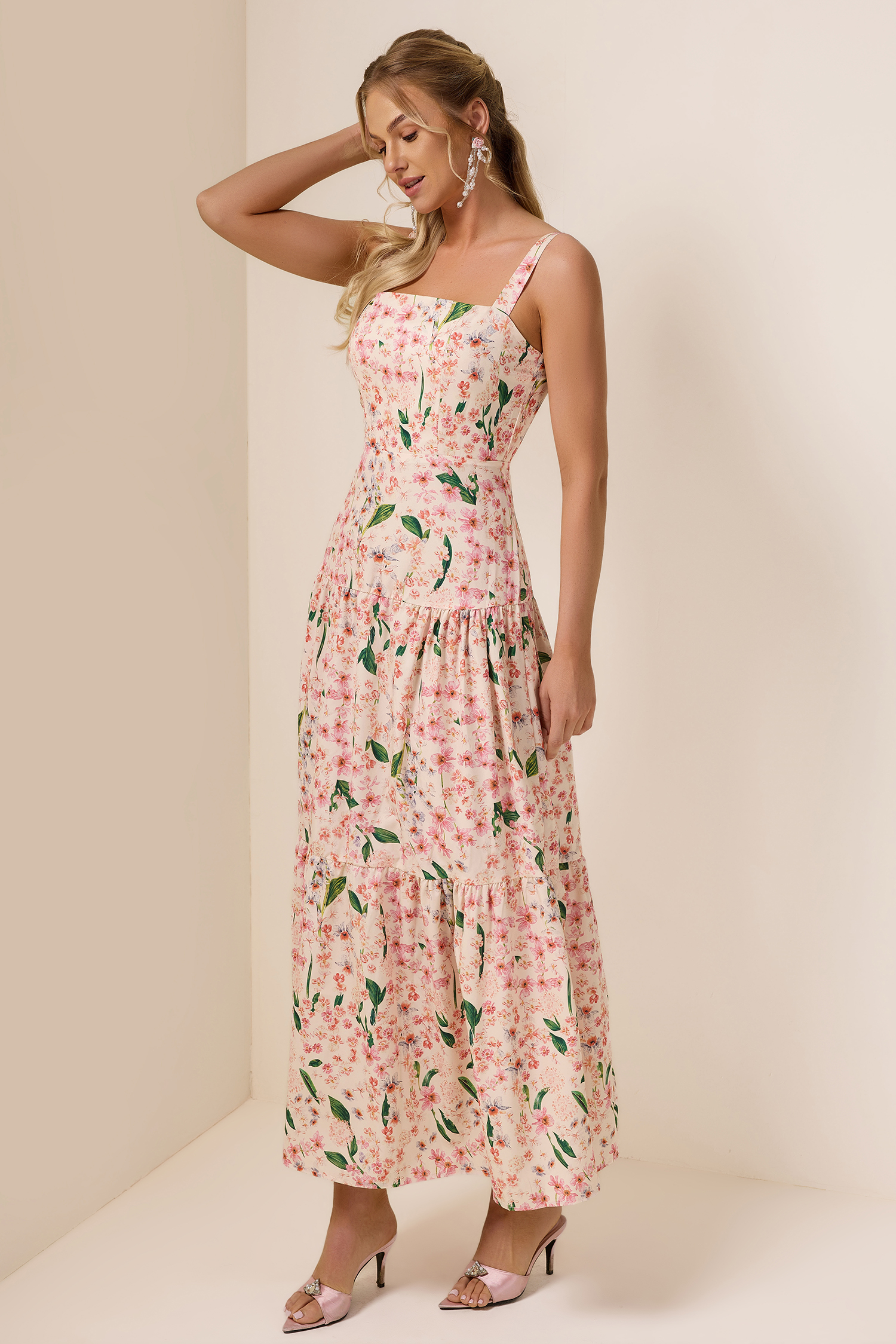 Floral  Square Collar Sleeveless Maxi Dress