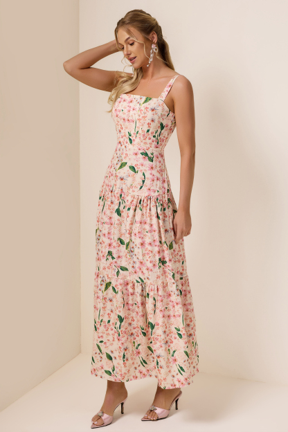 Floral  Square Collar Sleeveless Maxi Dress