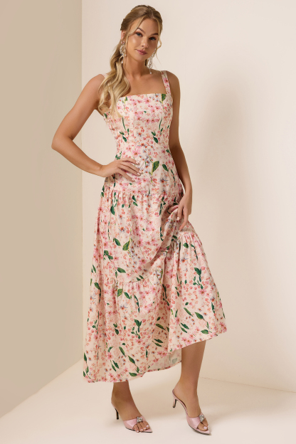 Floral  Square Collar Sleeveless Maxi Dress