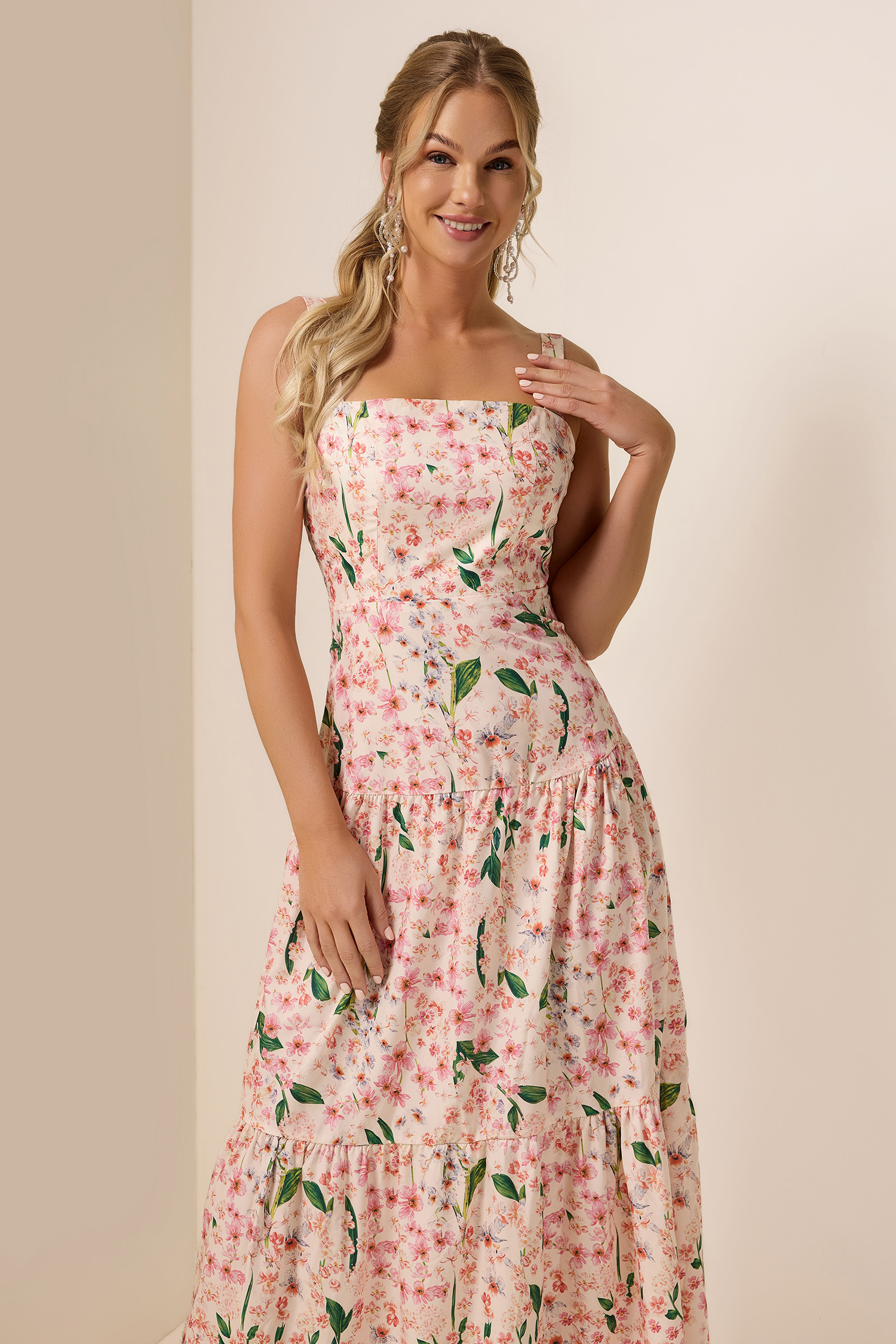 Floral  Square Collar Sleeveless Maxi Dress