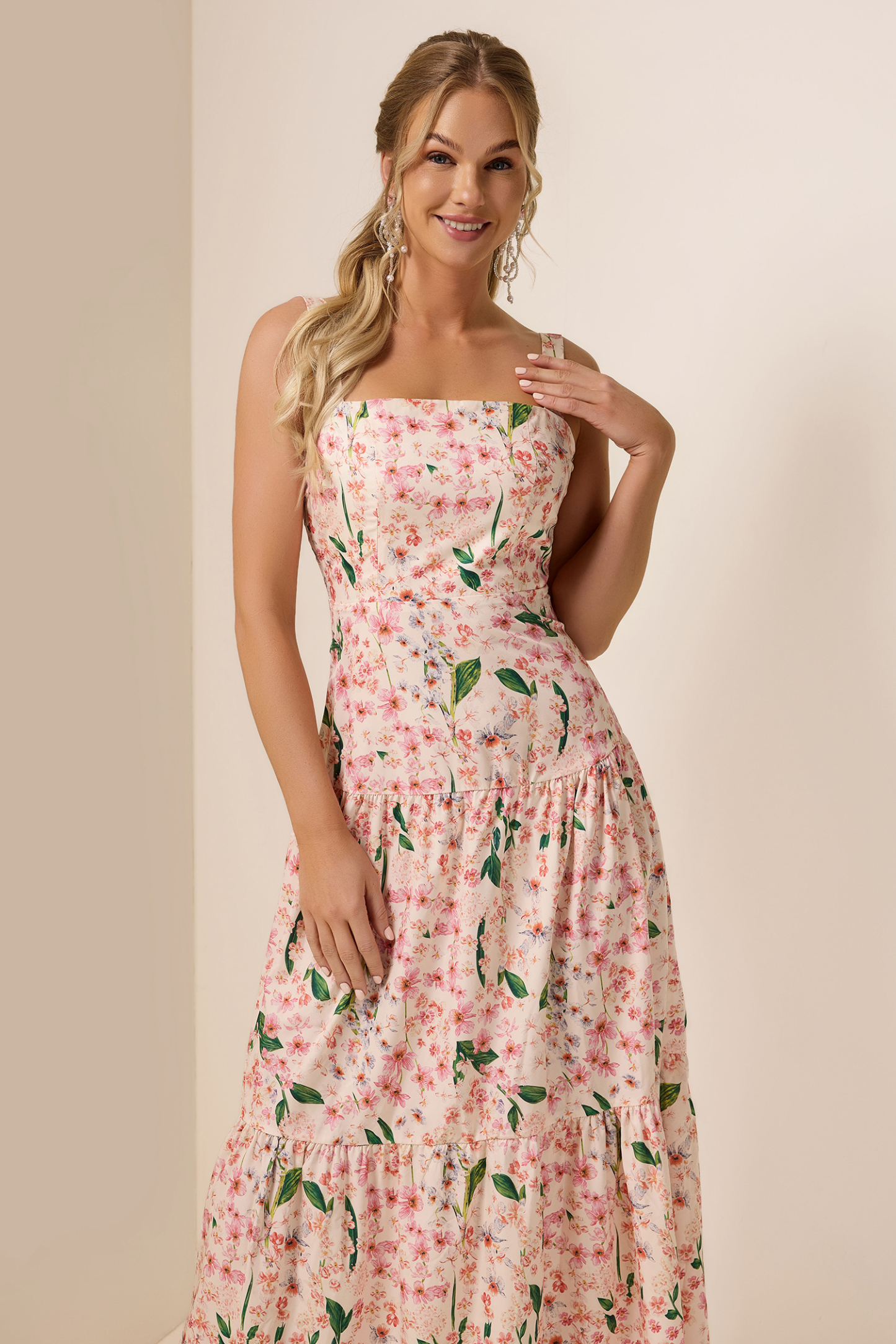 Floral Square Collar Sleeveless Maxi Dress
