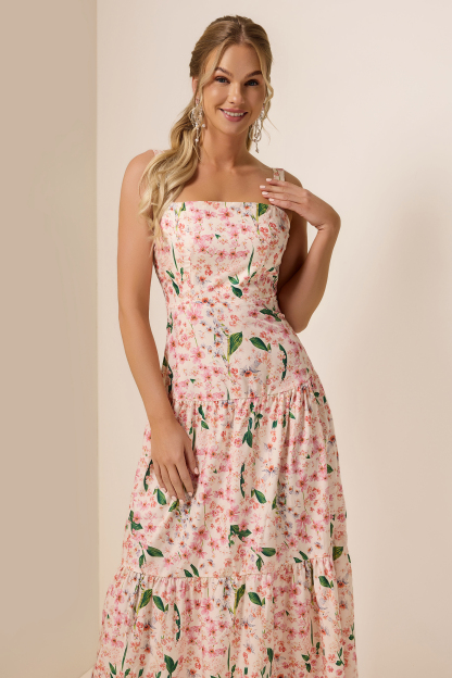 Floral  Square Collar Sleeveless Maxi Dress