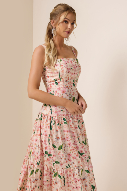 Floral  Square Collar Sleeveless Maxi Dress