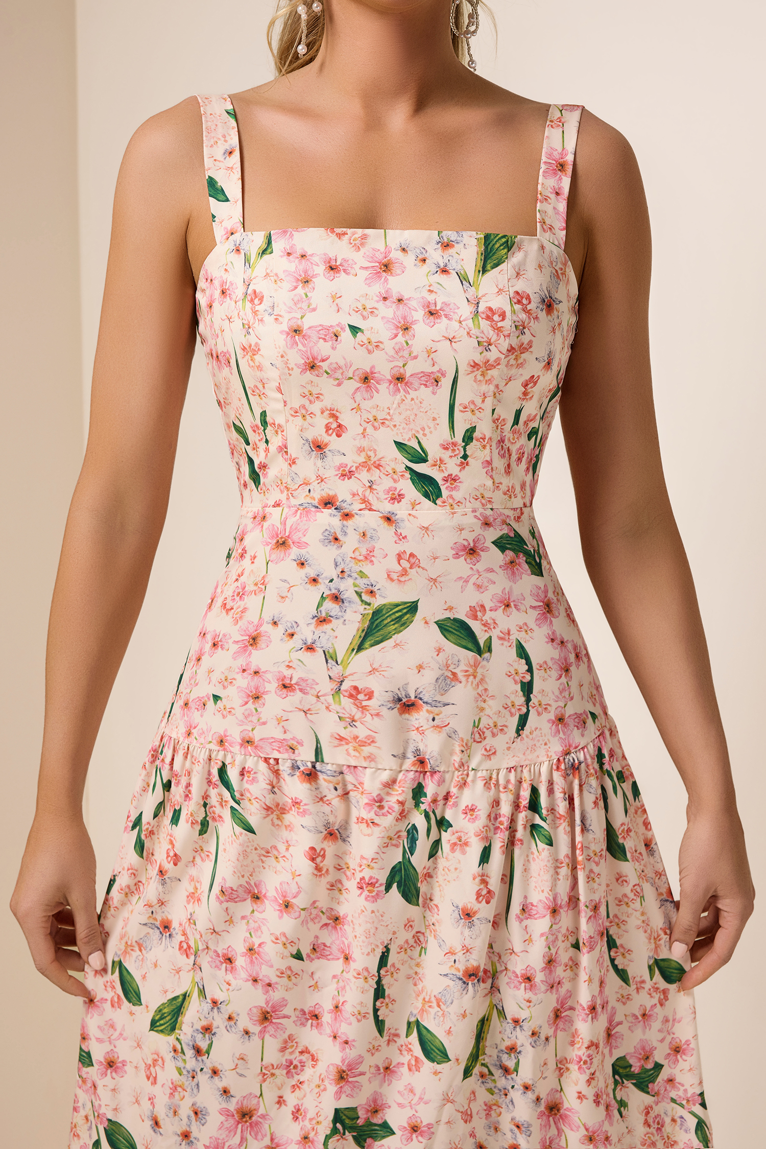 Floral  Square Collar Sleeveless Maxi Dress