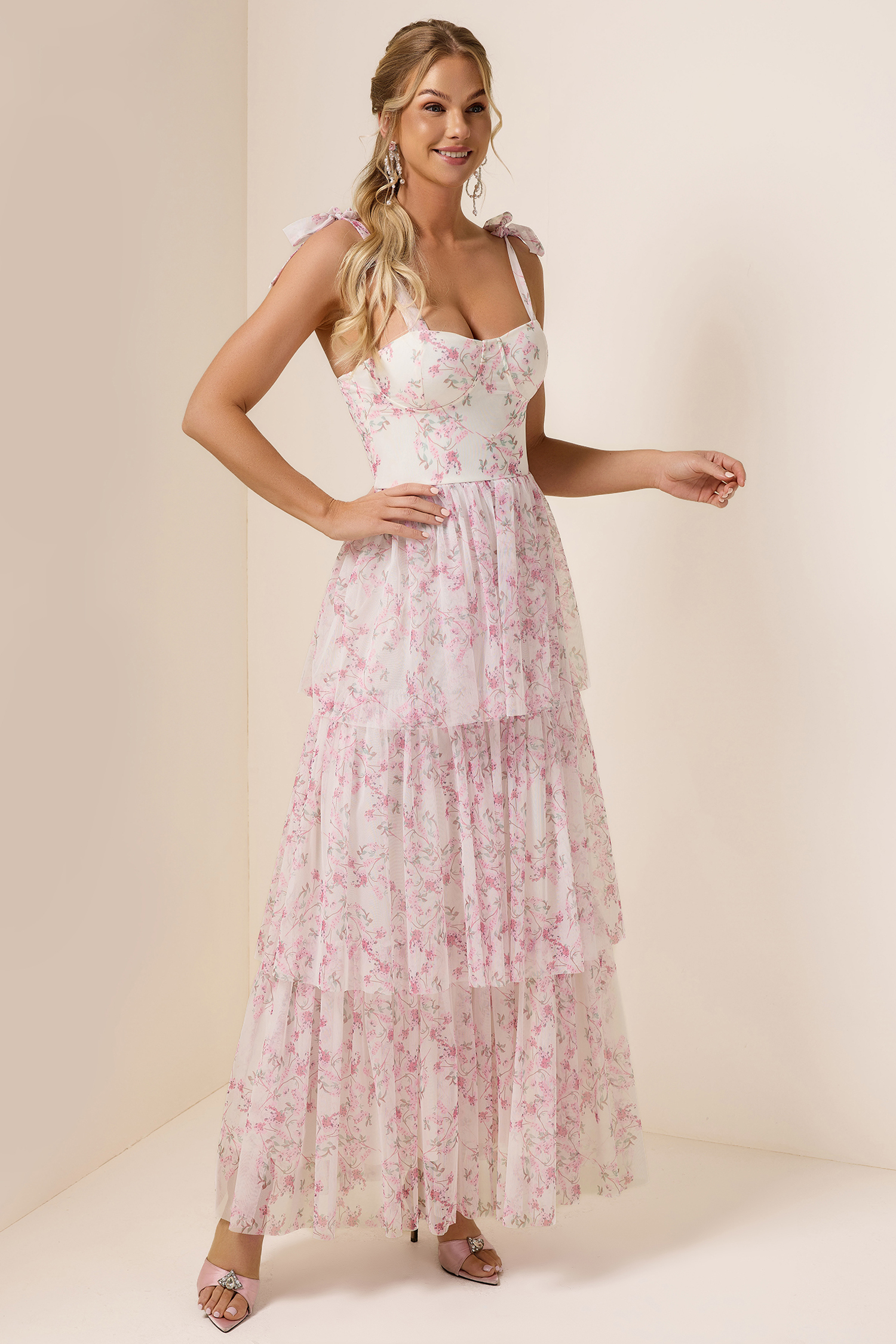 Floral Lace-Up Ruffle Maxi Dress