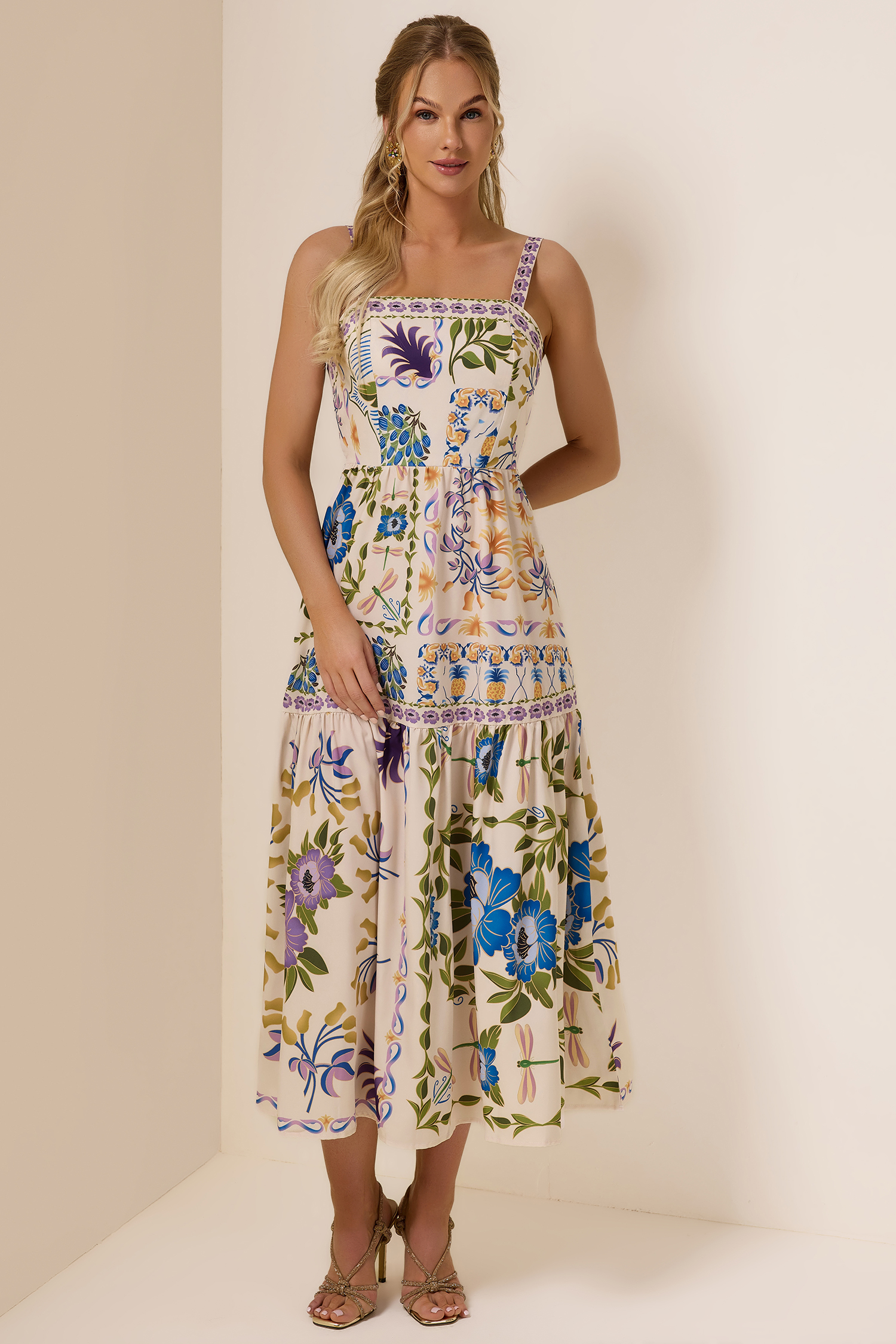 Floral Square Neck Sleeveless Midi Dress
