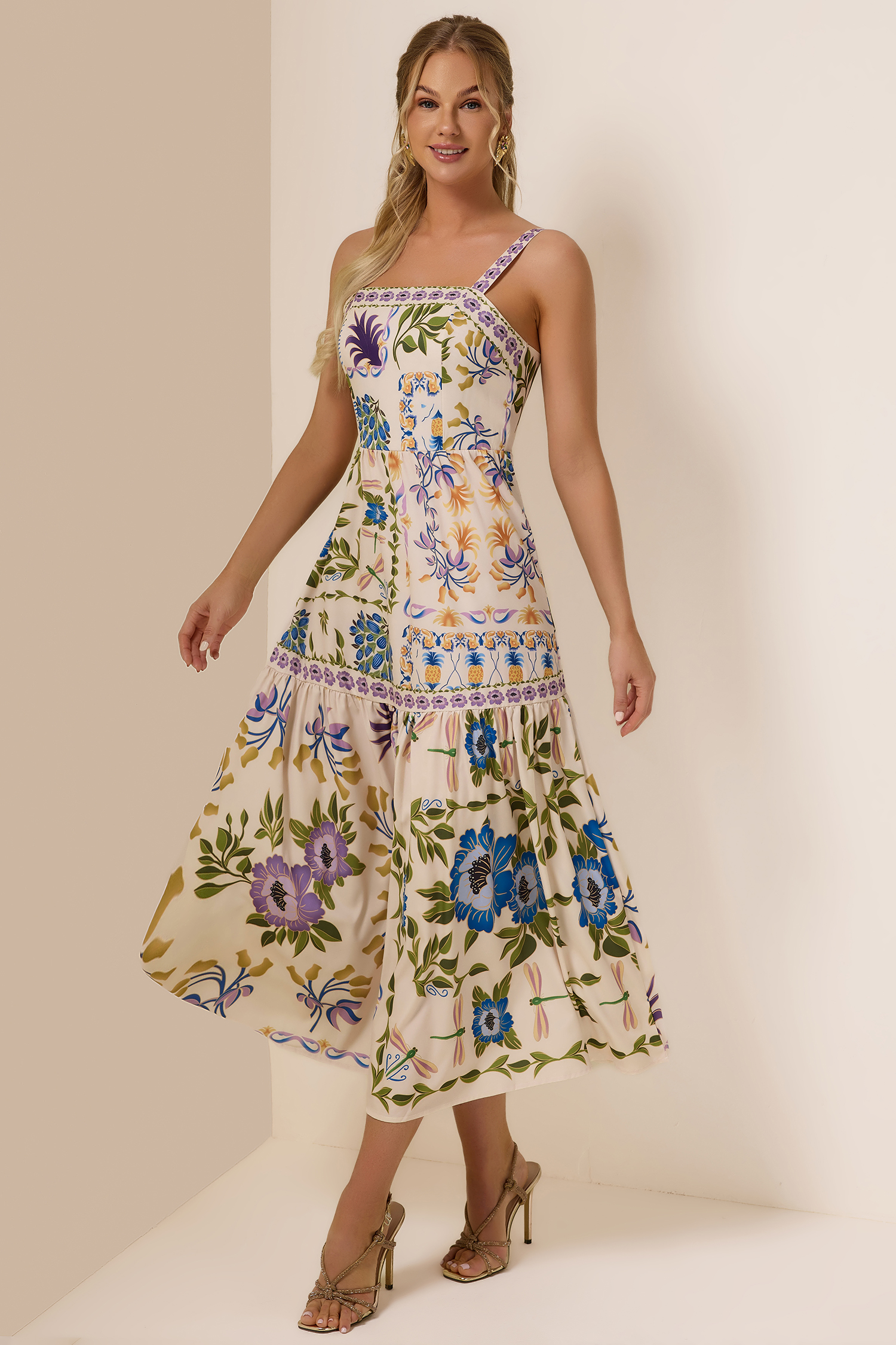Floral Square Neck Sleeveless Midi Dress