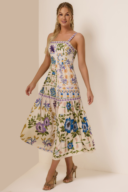 Floral Square Neck Sleeveless Midi Dress