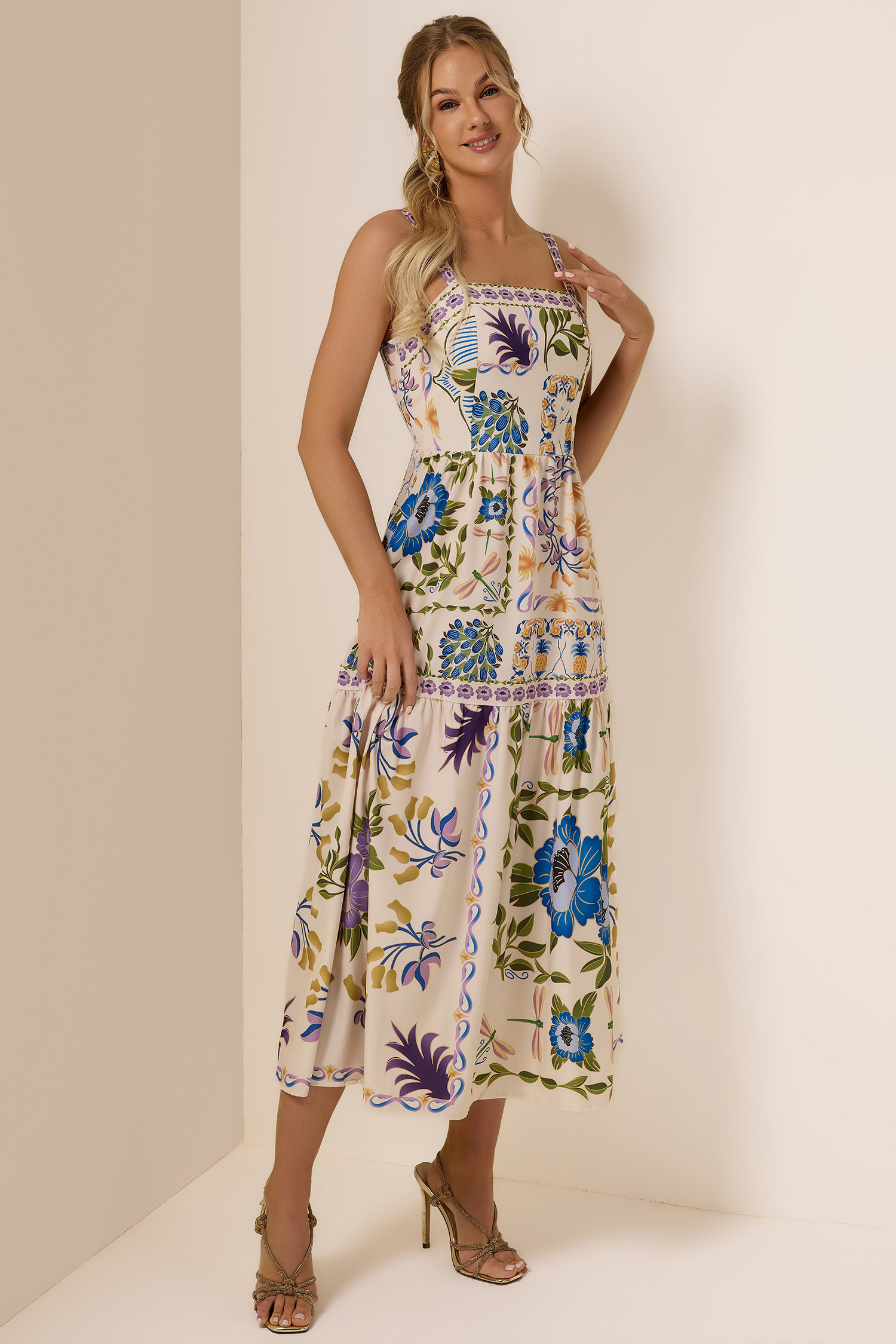 Floral Square Neck Sleeveless Midi Dress