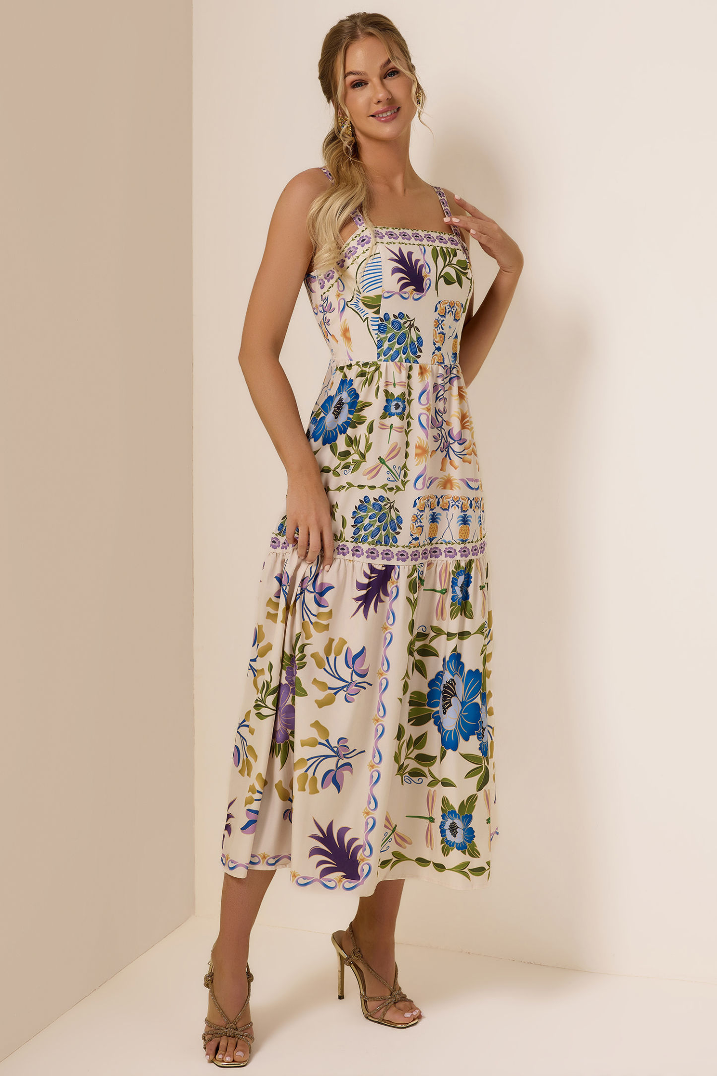 Floral Square Neck Sleeveless Midi Dress