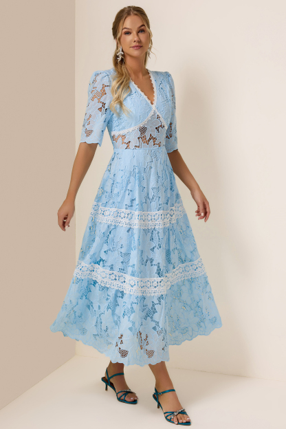 Lace Splicing V-Neck Midi Dress