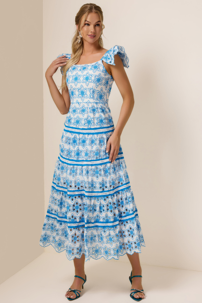 Embroidered Smocking Square Collar Maxi Dress