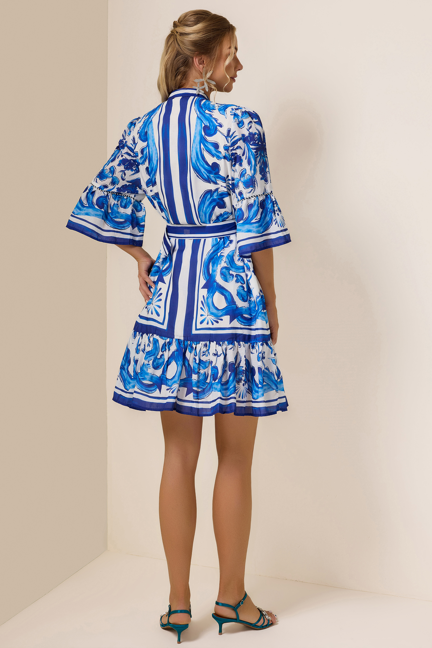 Paisley Print Bell Sleeve Mini Dress With Belt