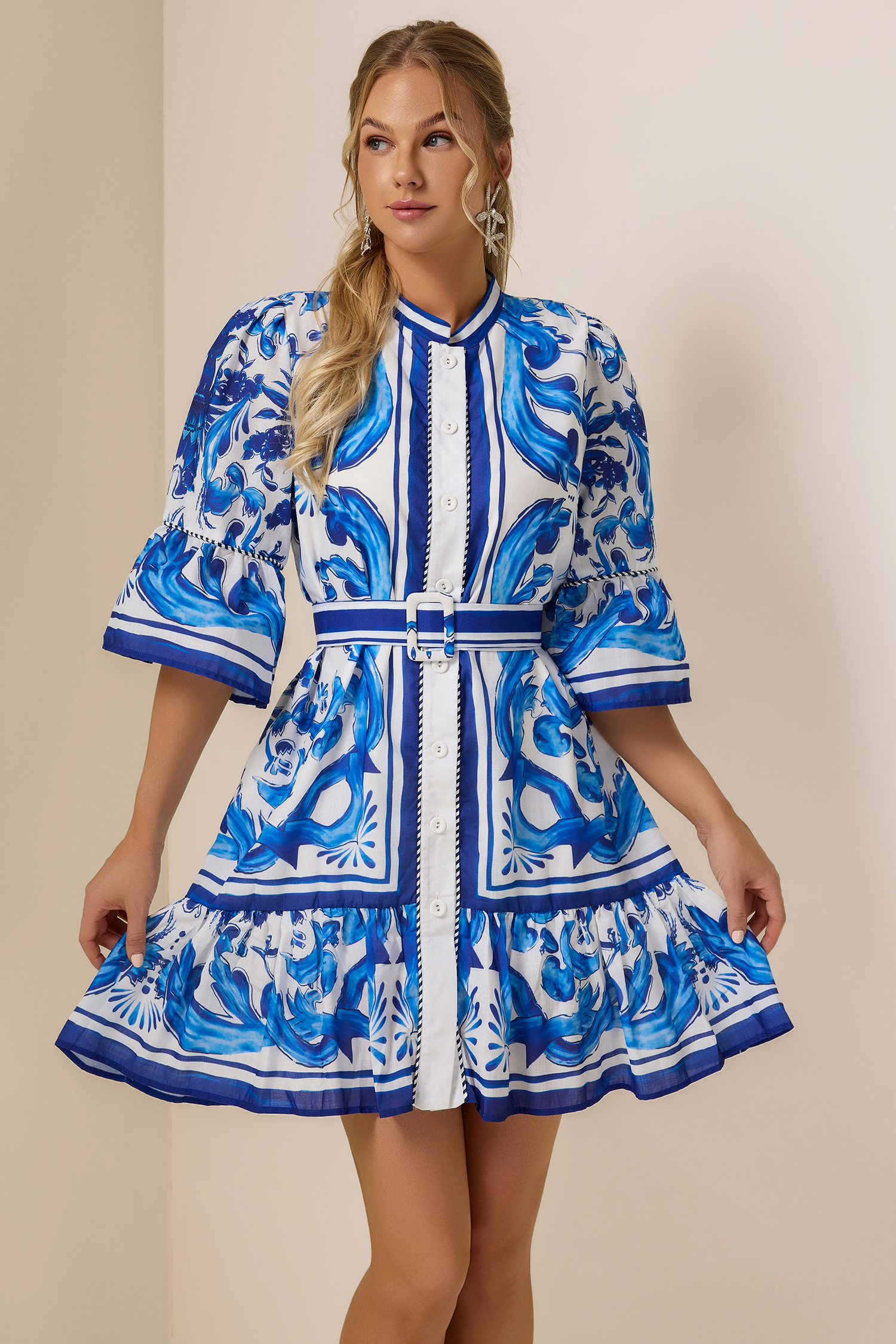 Paisley Print Bell Sleeve Mini Dress With Belt