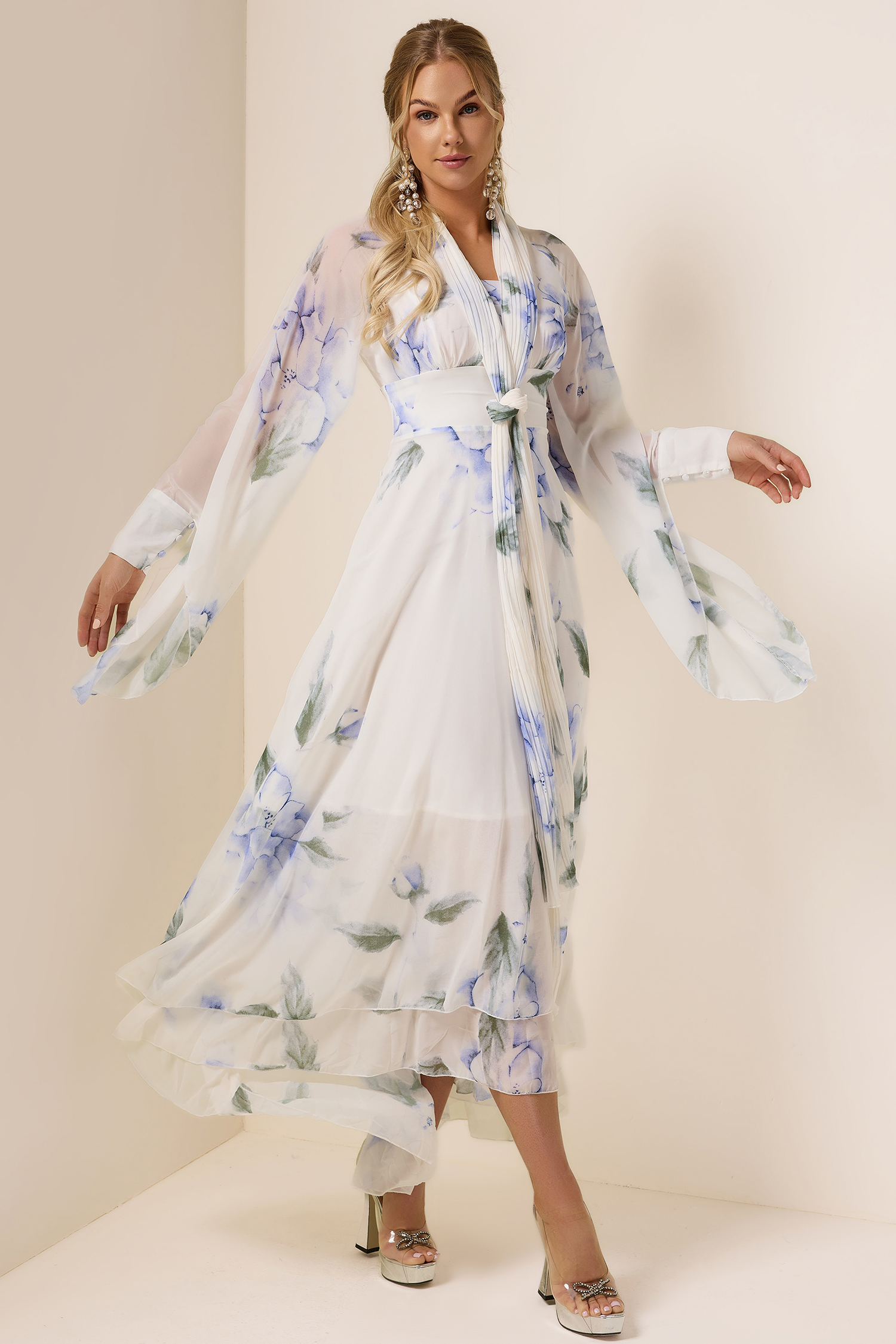 Chiffon Floral Lace-Up Maxi Dress