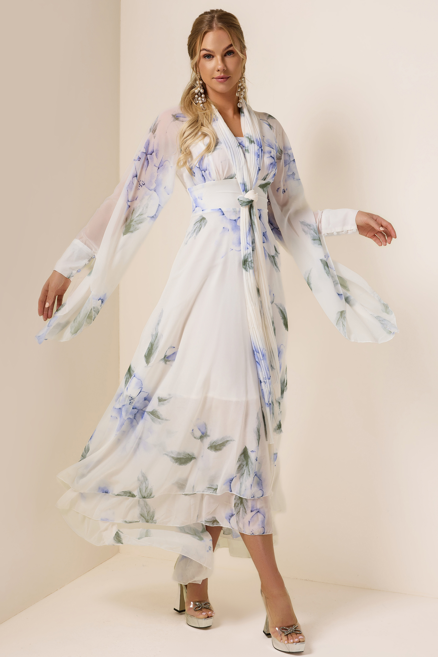 Chiffon Floral Lace-Up Maxi Dress