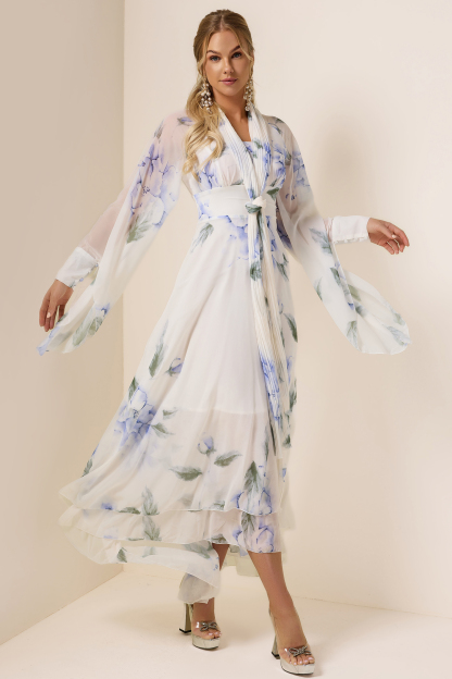 Chiffon Floral Lace-Up Maxi Dress