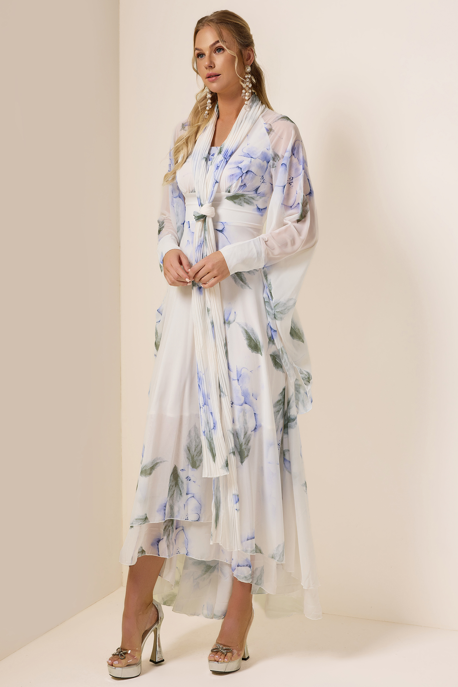 Chiffon Floral Lace-Up Maxi Dress