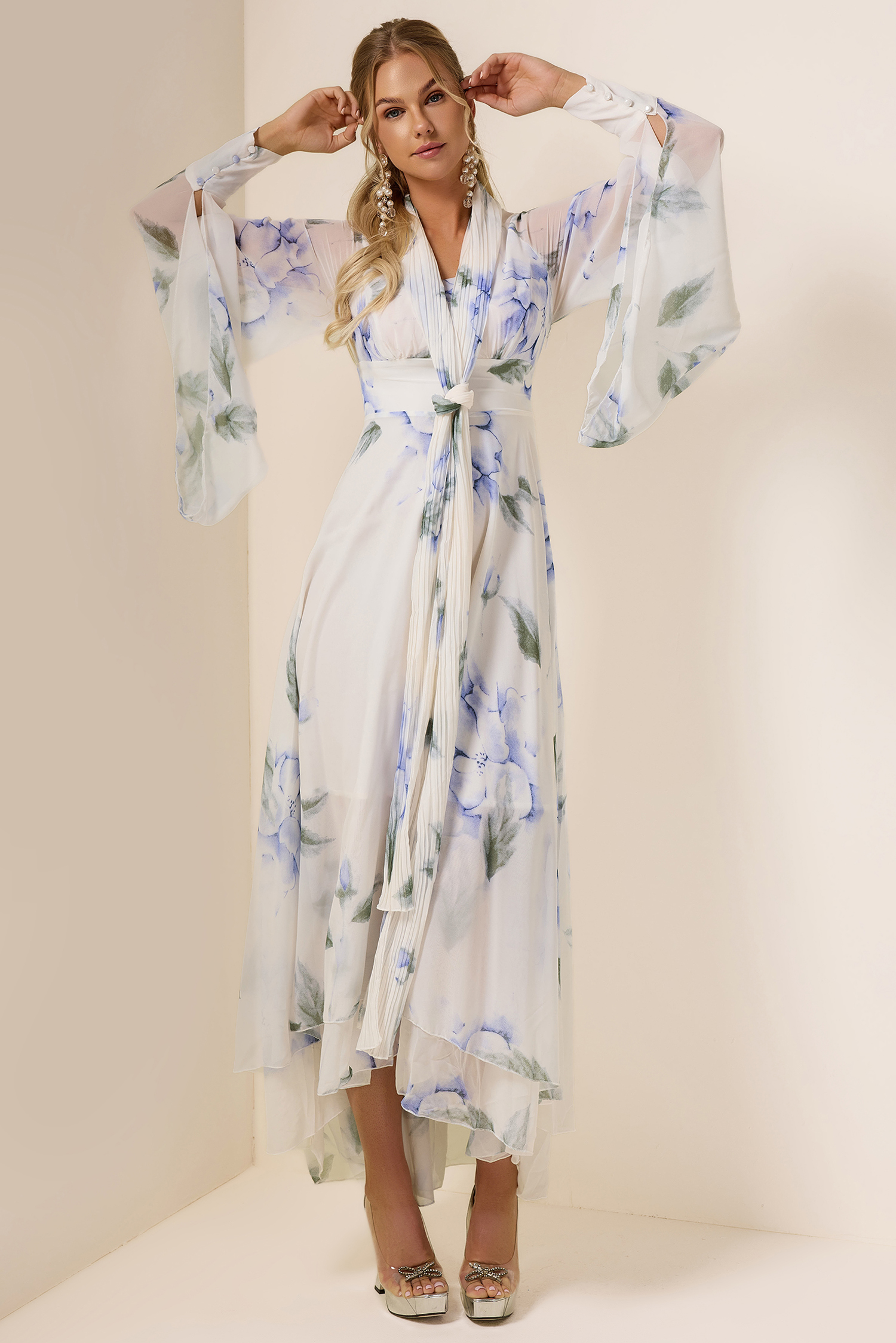 Chiffon Floral Lace-Up Maxi Dress