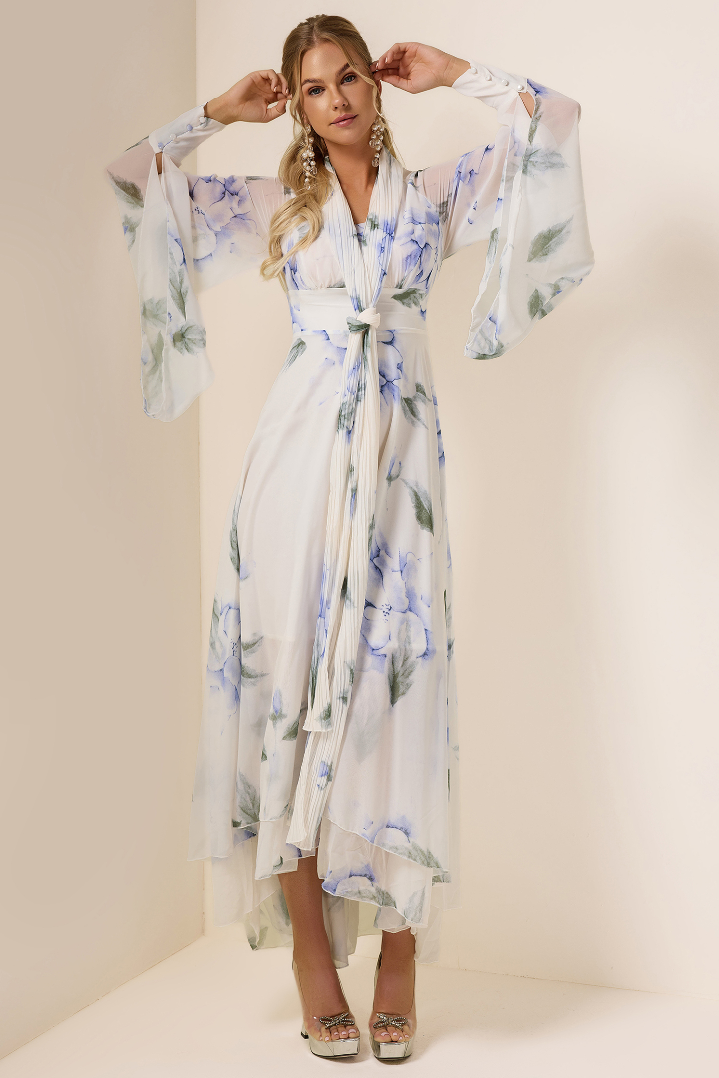 Chiffon Floral Lace-Up Maxi Dress