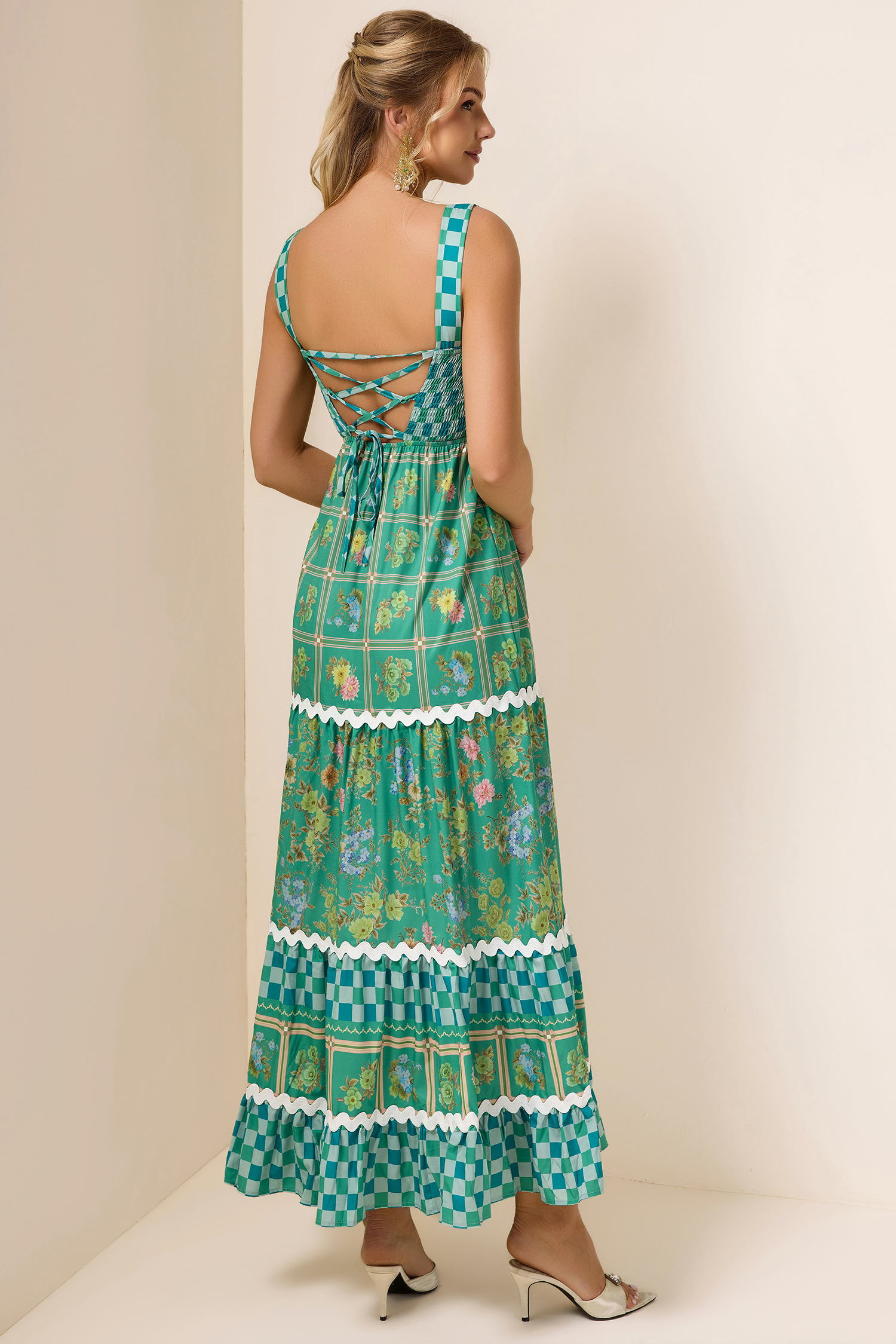Floral Lace-Up Sleeveless Midi Dress