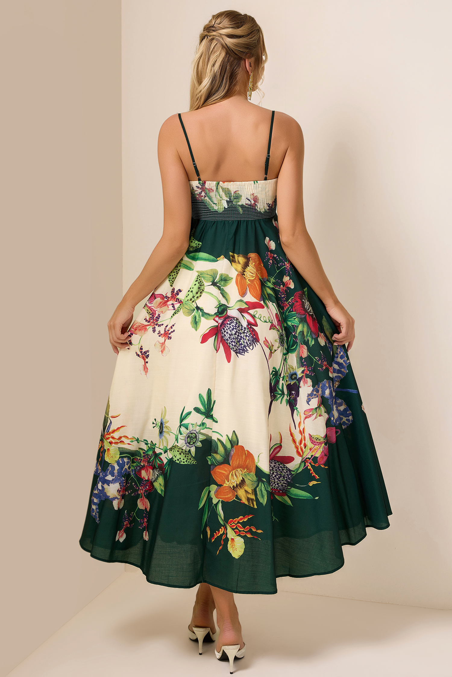 Botanical Print Smocking Slip Midi Dress
