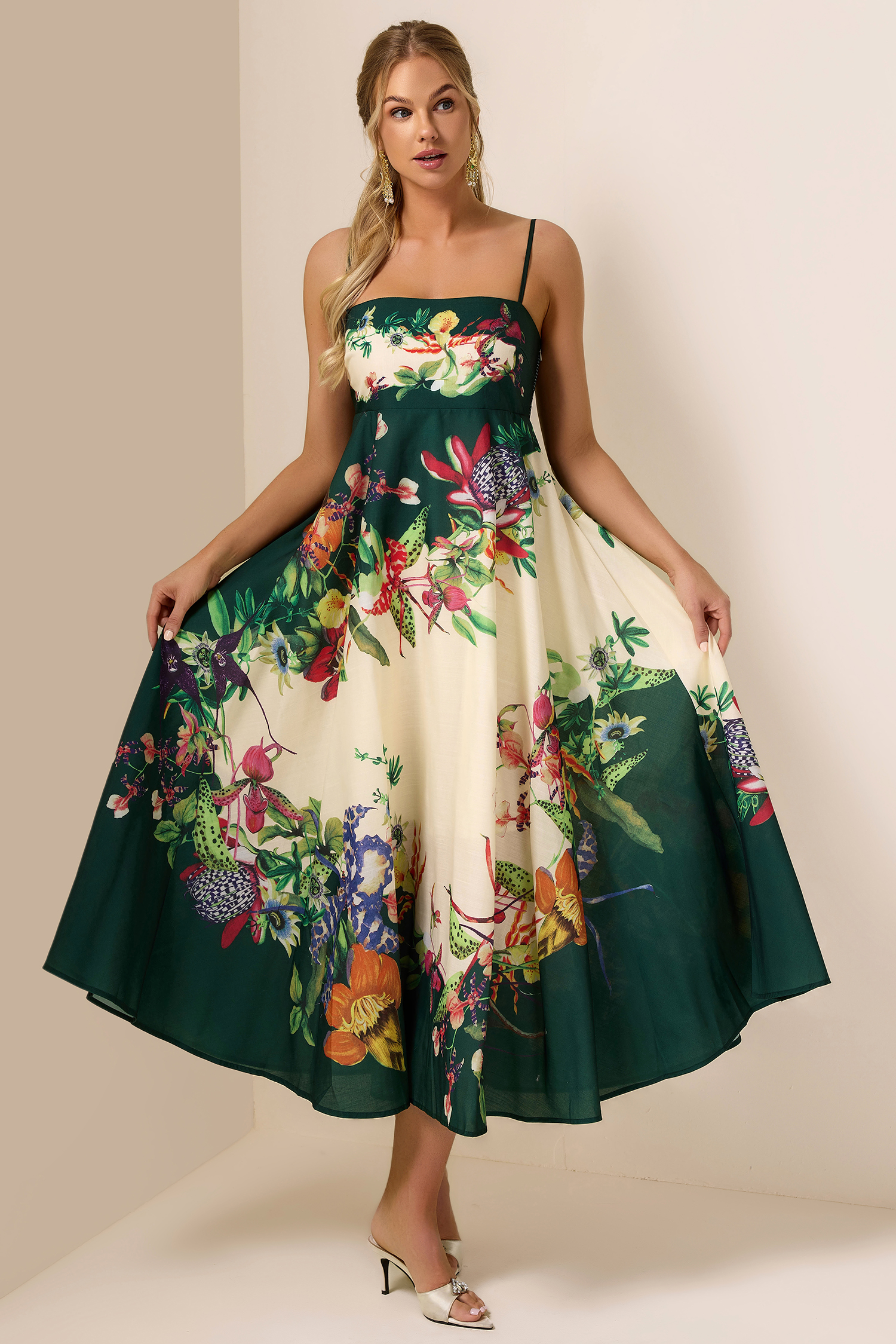 Botanical Print Smocking Slip Midi Dress