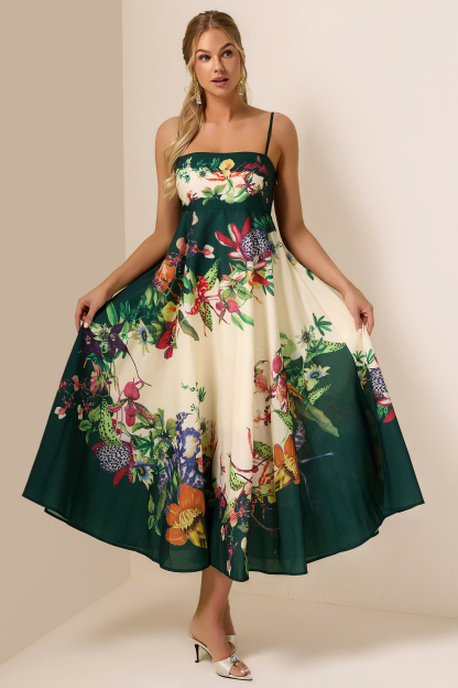 Botanical Print Smocking Slip Midi Dress