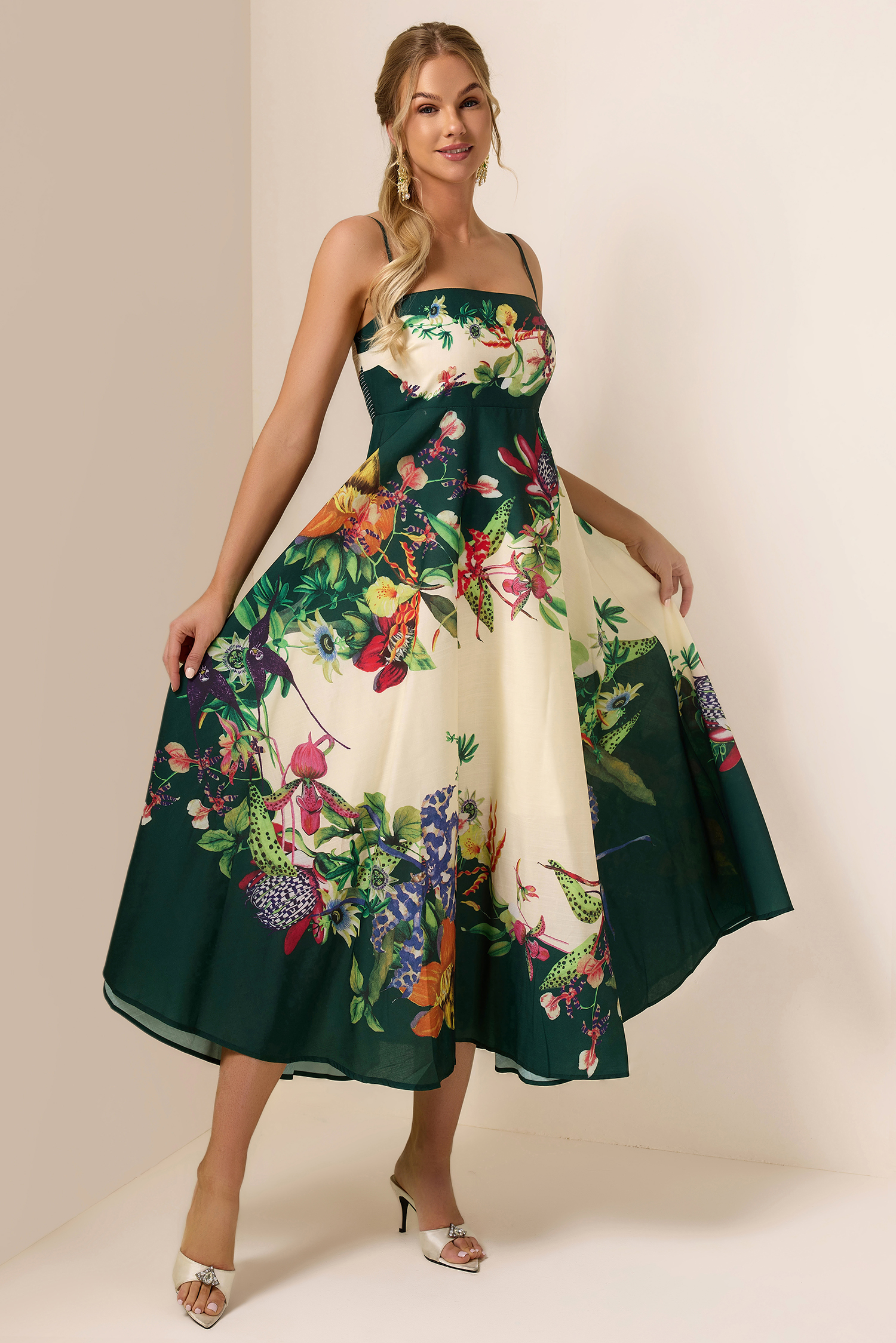 Botanical Print Smocking Slip Midi Dress