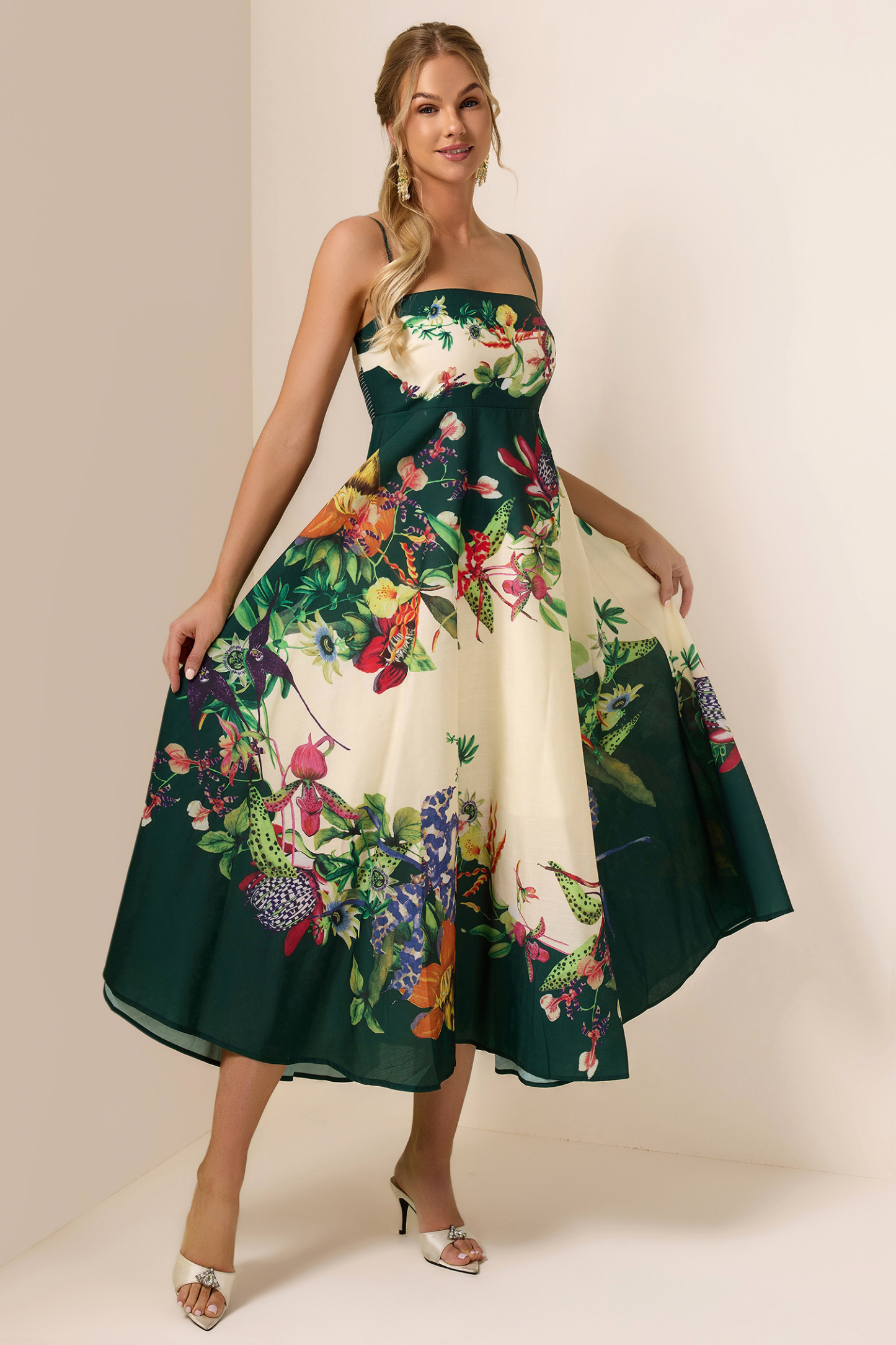 Botanical Print Smocking Slip Midi Dress
