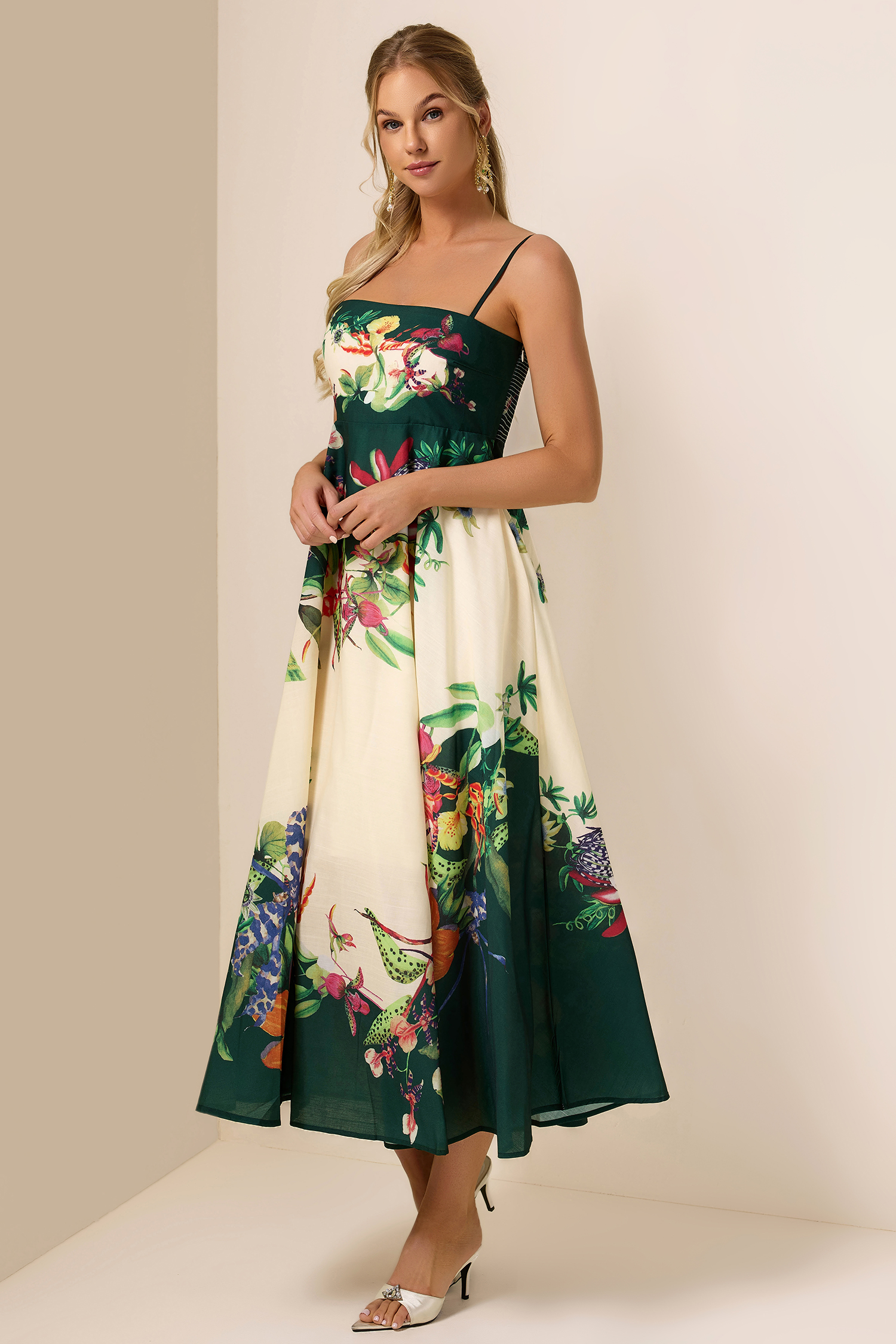 Botanical Print Smocking Slip Midi Dress