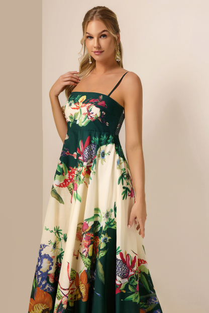 Botanical Print Smocking Slip Midi Dress