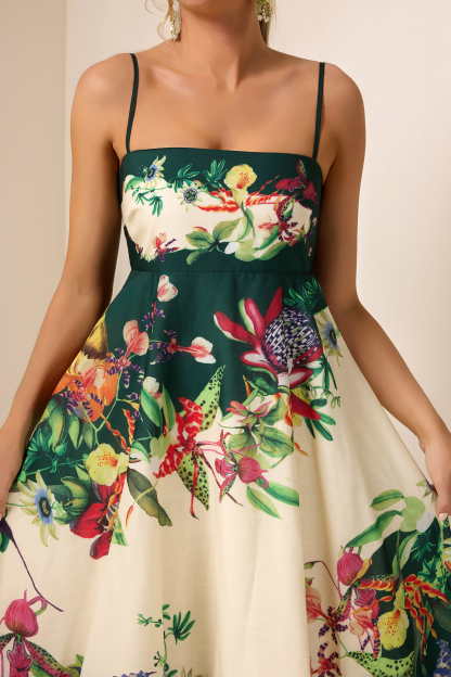 Botanical Print Smocking Slip Midi Dress