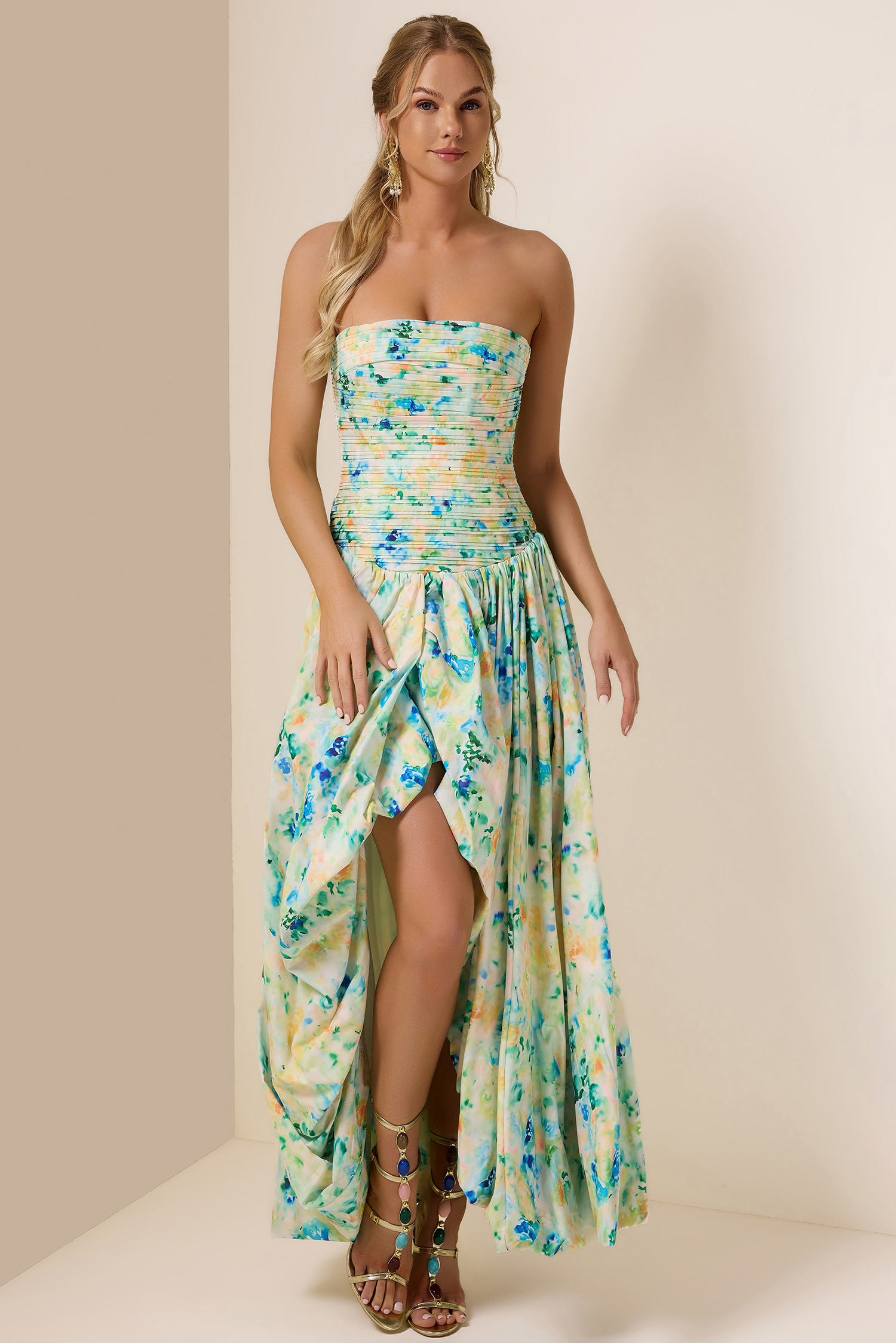Tie Dye Pleat Split Midi Dress