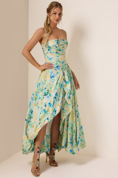 Tie Dye Pleat Split Midi Dress