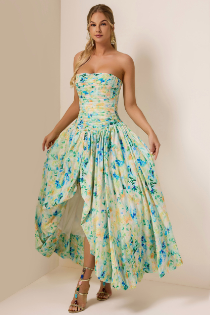 Tie Dye Pleat Split Midi Dress