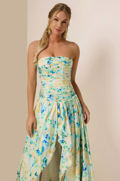 Tie Dye Pleat Split Midi Dress