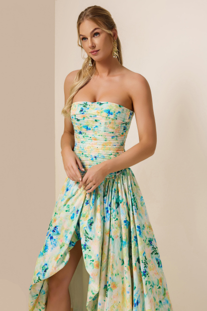 Tie Dye Pleat Split Midi Dress