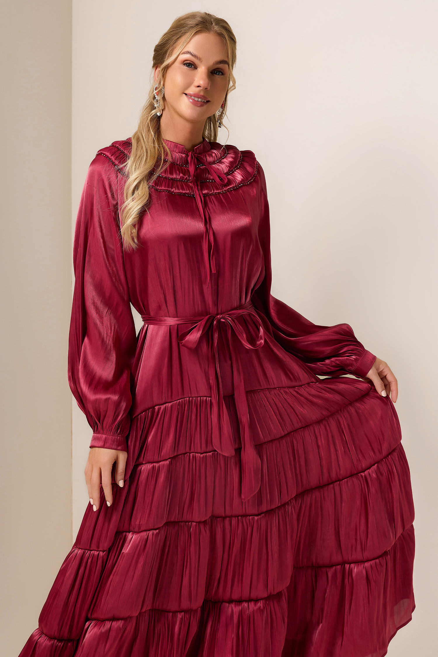 Nail Bead Embroidery Solid Frill Midi Dress