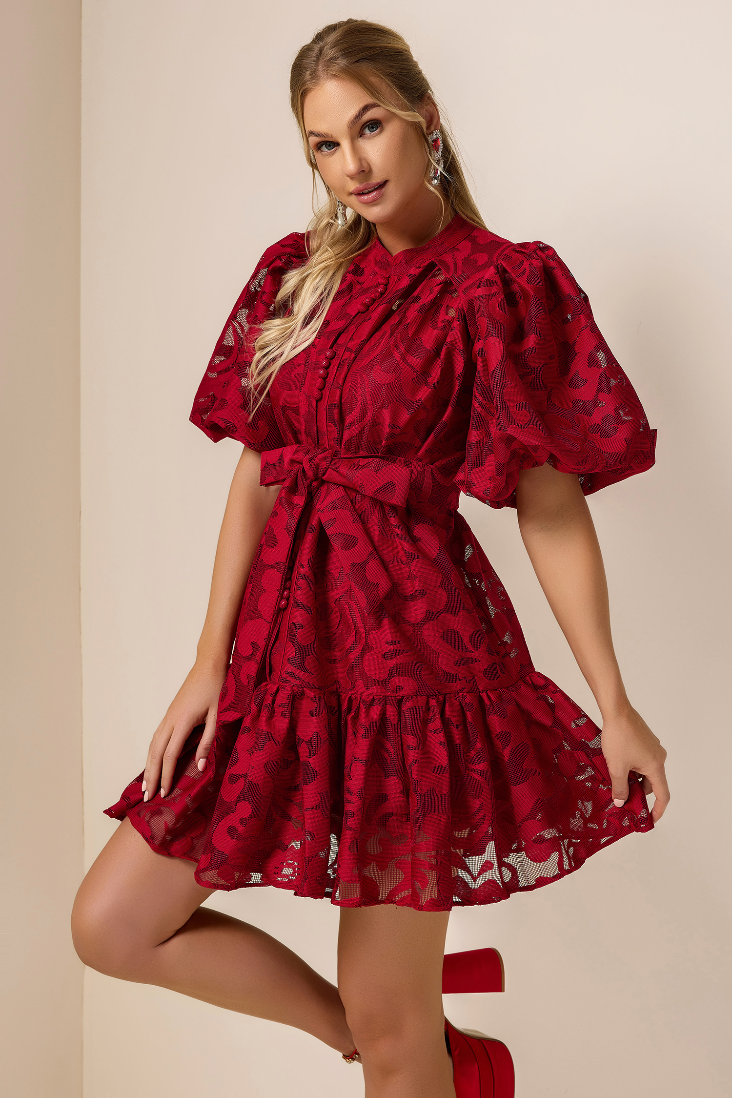 Lace Single Breasted Ruffle Mini Dress